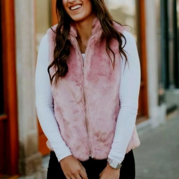 J.Crew Mercantile Guava Berry Faux Fur Zip up Teddy Vest - Picture 10 of 13